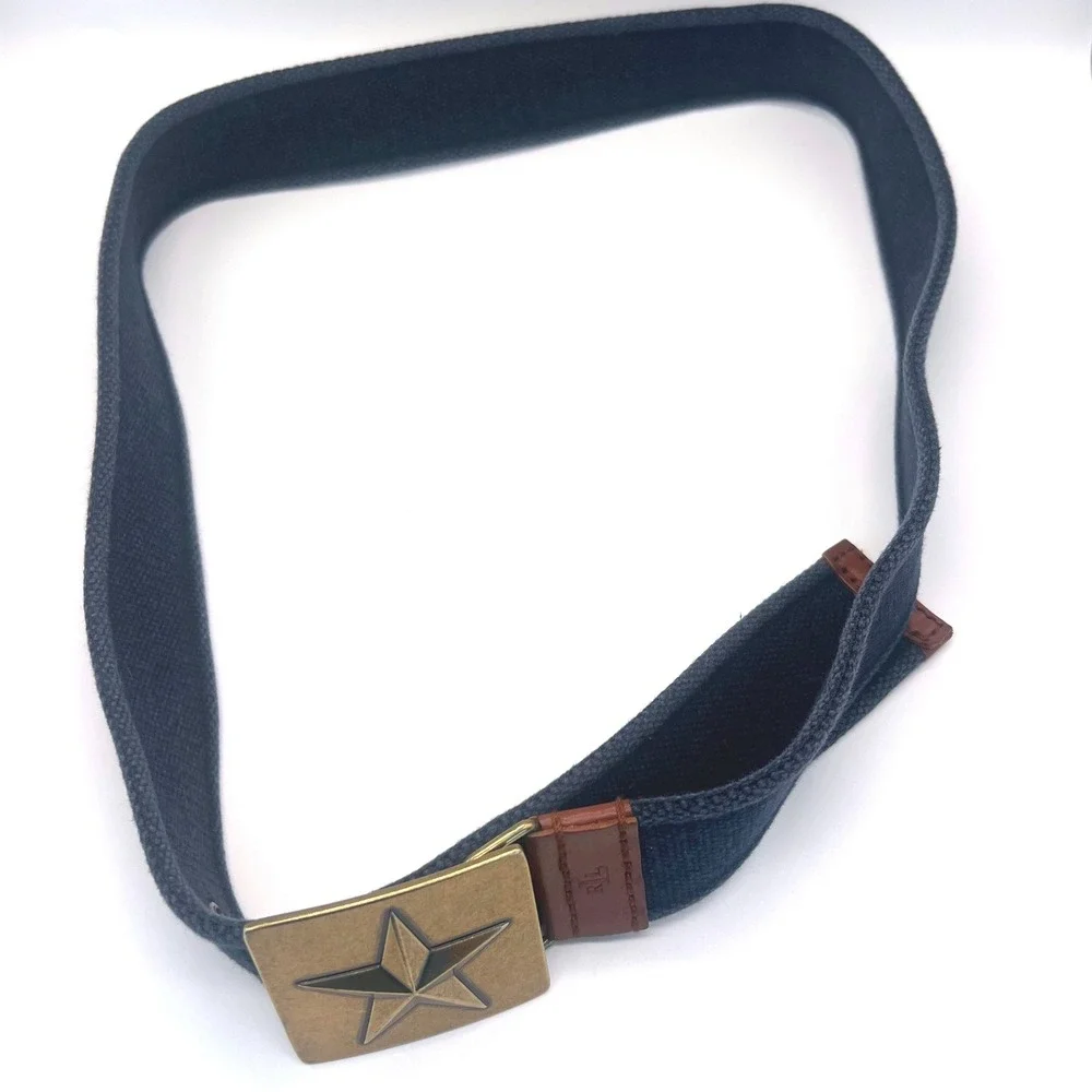 Lauren Ralph Lauren Cloth Belt Star Buckle Navy Brown Leather Vintage Y2K